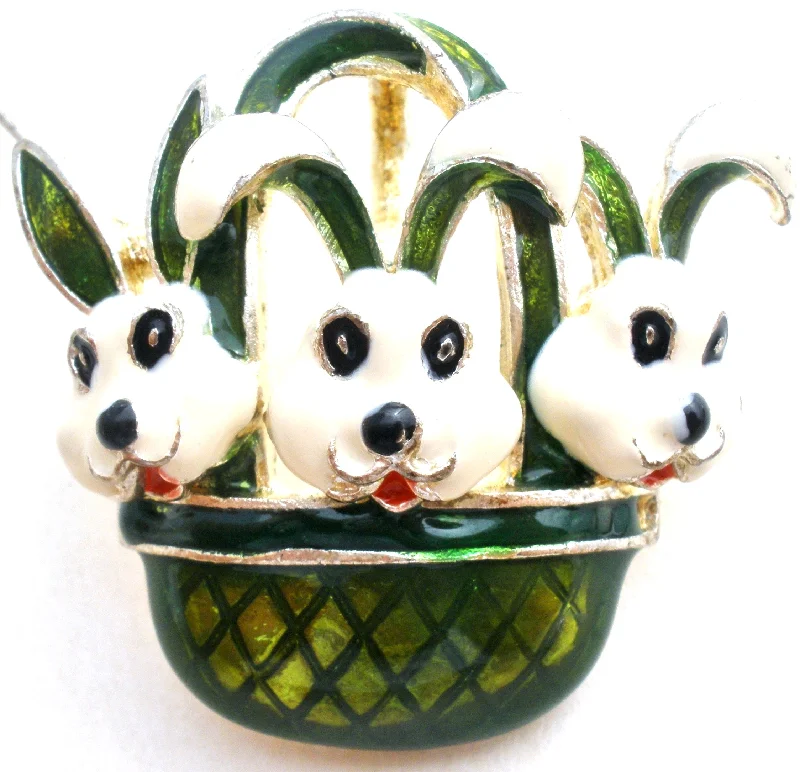 Artistic Crystal Brooch For Formal Events-Enamel Rabbits in Basket Pendant Brooch