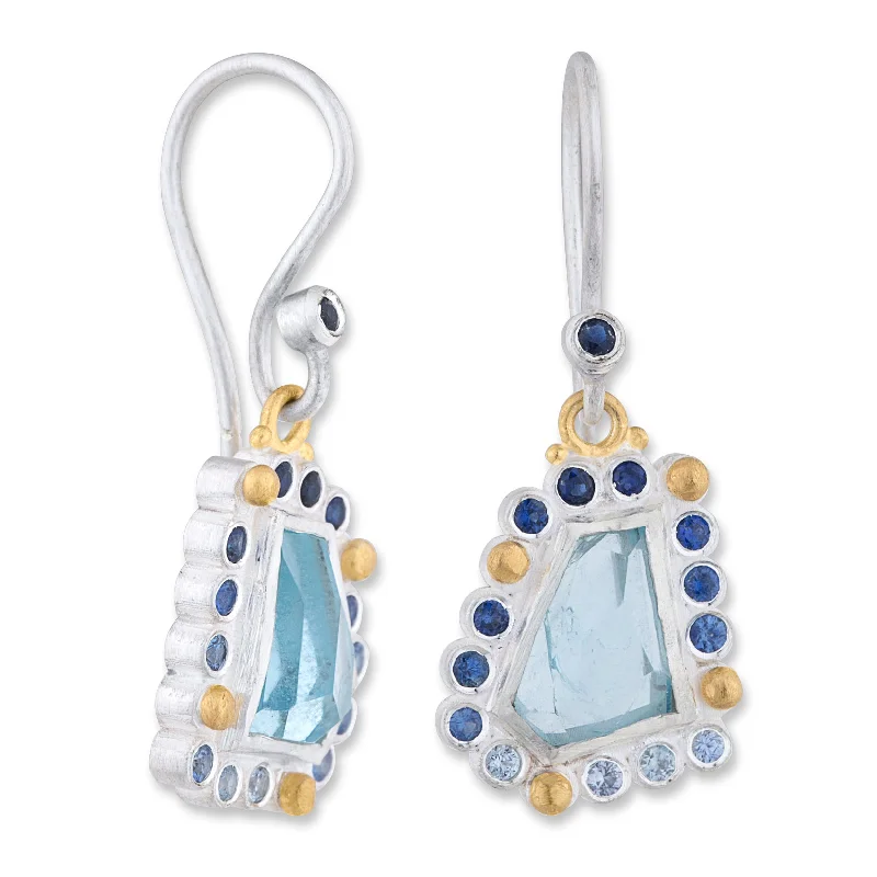 Simple Gold Earrings for Daily Wear-Lika Behar "Dive In" Aquamarine & Sapphire Silver & Gold Earrings