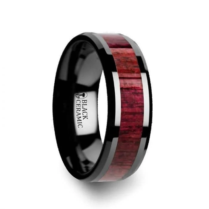 Custom Silver Ring for Couples with Birthstones-Thorsten MORADO Purple Heart Wood Inlaid Black Ceramic Ring with Beveled Edges - 8mm