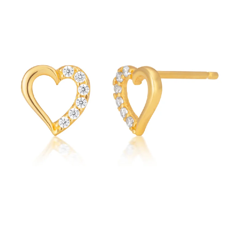 Classic Pearl Earrings for Bridesmaids-9ct Yellow Gold Cubic Zirconia Open Heart Earrings