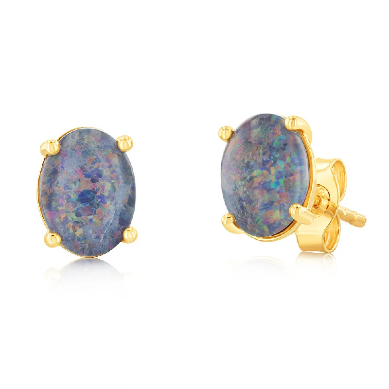 Silver Earrings with Colored Stones-9ct Yellow Gold Triplet Opal Stud Earrings