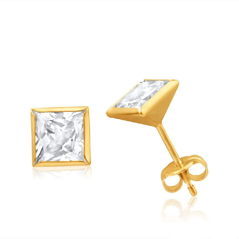 Large Hoop Earrings for Parties-9ct Yellow Gold 6mm Princess Cut Cubic Zirconia Stud Earrings