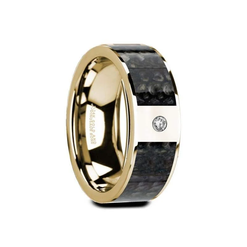 Trendy Silver Band Ring with Geometric Design-Thorsten GAUFRID Flat 14K Yellow Gold with Blue Dinosaur Bone Inlay & White Diamond Setting - 8mm