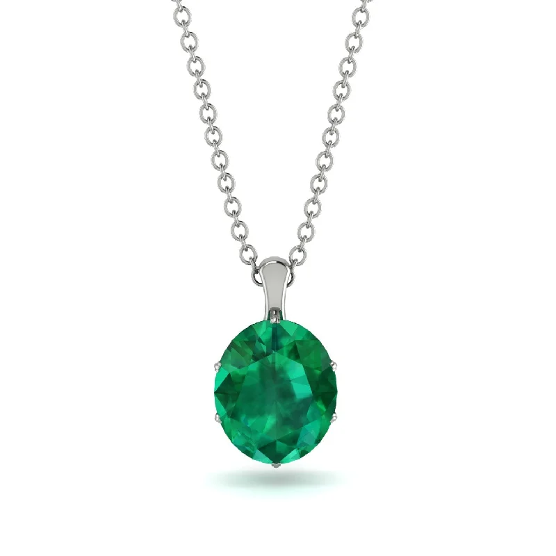 Simple Silver Pendant Necklace for Women-Oval Emerald Hidden Halo Necklace - Gemma No. 6