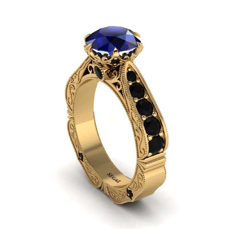 Elegant Gold Ring with Gemstone and Diamond Accents-Sapphire Victorian Scroll Engagement Ring - Kehlani No. 43