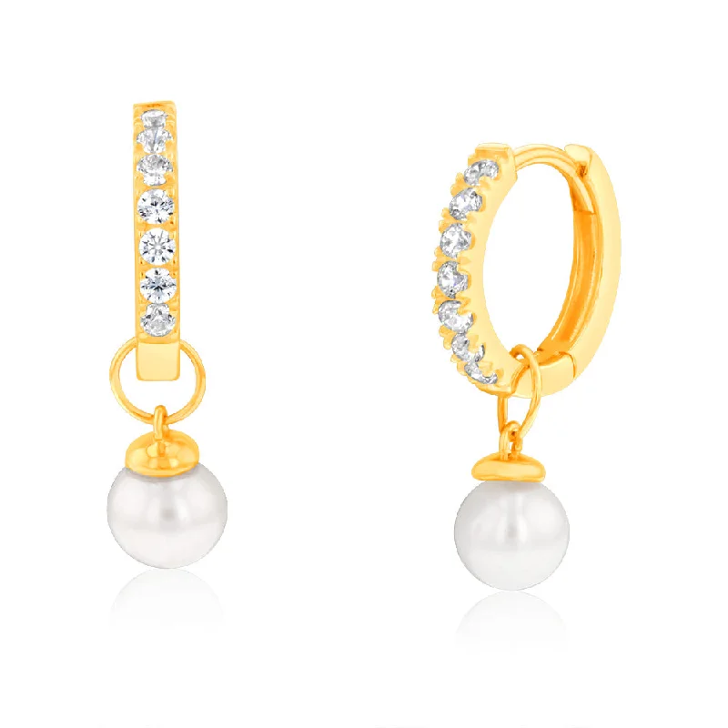 Simple Gold Earrings for Work-9ct Yellow Gold Freshwater Pearl And Cubic Zirconia Hoop Earrings