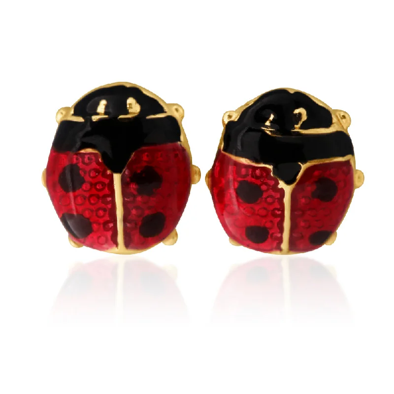 Statement Pearl Earrings for Women-9ct Yellow Gold Ladybug Enamel Stud Earrings