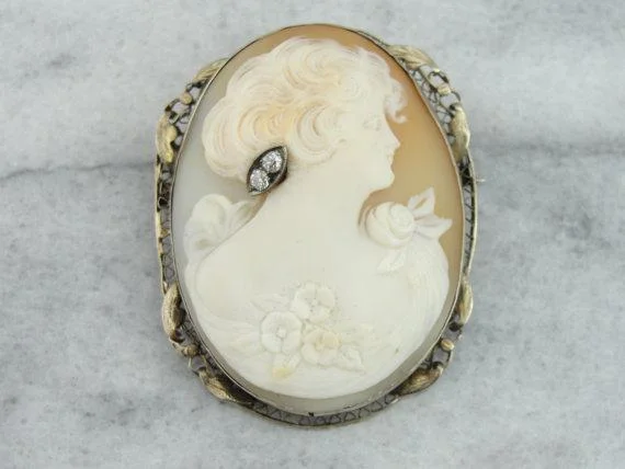 Brooch With Stylish Gemstones-Filigree Brooch with Fine Shell Cameo and Diamond