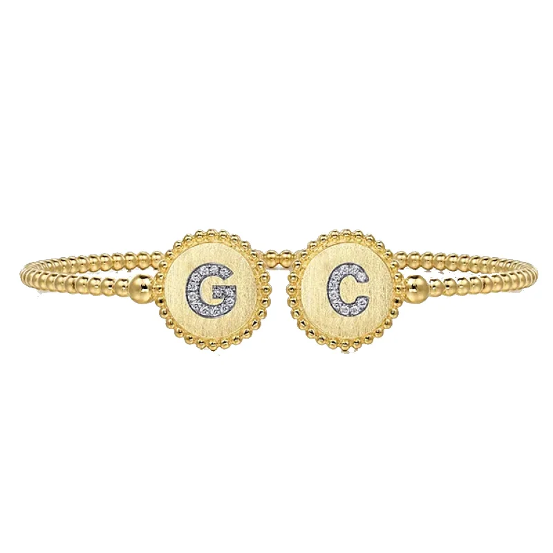 Luxury Gold Bangles with Colorful Inlays-Gabriel 14K Yellow Gold Bujukan Diamond Initial Cuff Bangle Bracelet