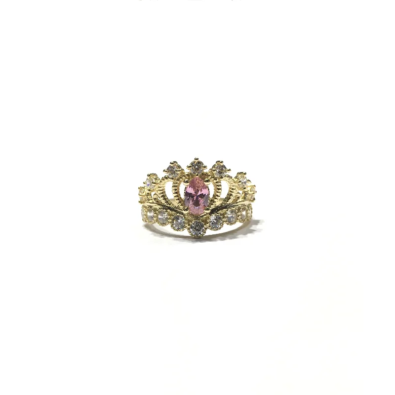 Elegant Gold Ring with Amethyst Center Stone-October Birthstone Princess Crown CZ Ring (14K)