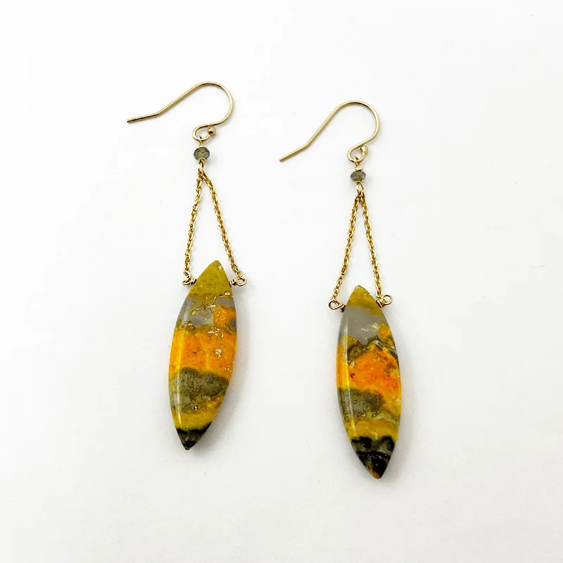 Gold Plated Earrings for Women-Bumblebee Agate Pendulum Chain Earrings