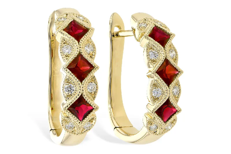 Artistic Diamond Earrings-14k Yellow Gold Vintage Inspired Ruby & Diamond Hoop Earrings by Allison Kaufman