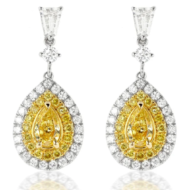 Trendy Stud Earrings for Teens-Fancy Yellow Pear Shaped Diamond & Bullet Diamond Dangle Earrings 18K Gold