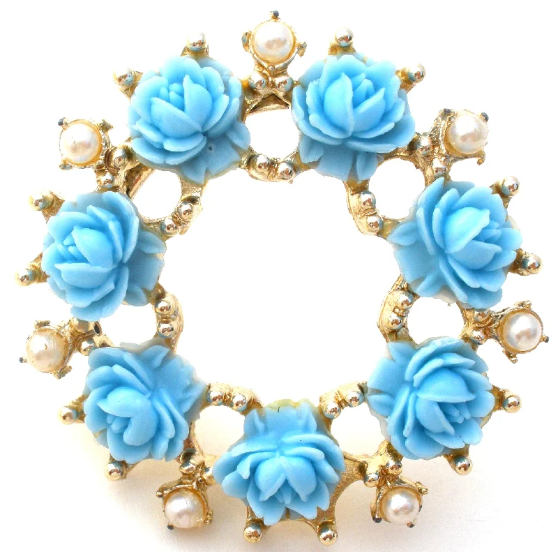 Antique Gold Brooch-Blue Rose & Pearl Wreath Brooch Pin Vintage