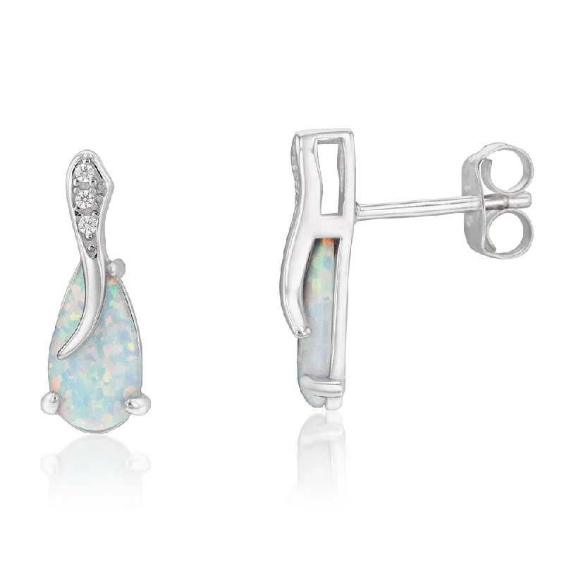 Personalized Gemstone Earrings-Sterling Silver Rhodium Plated Cubic Zirconia Synthetic Opal Crossover Earrings