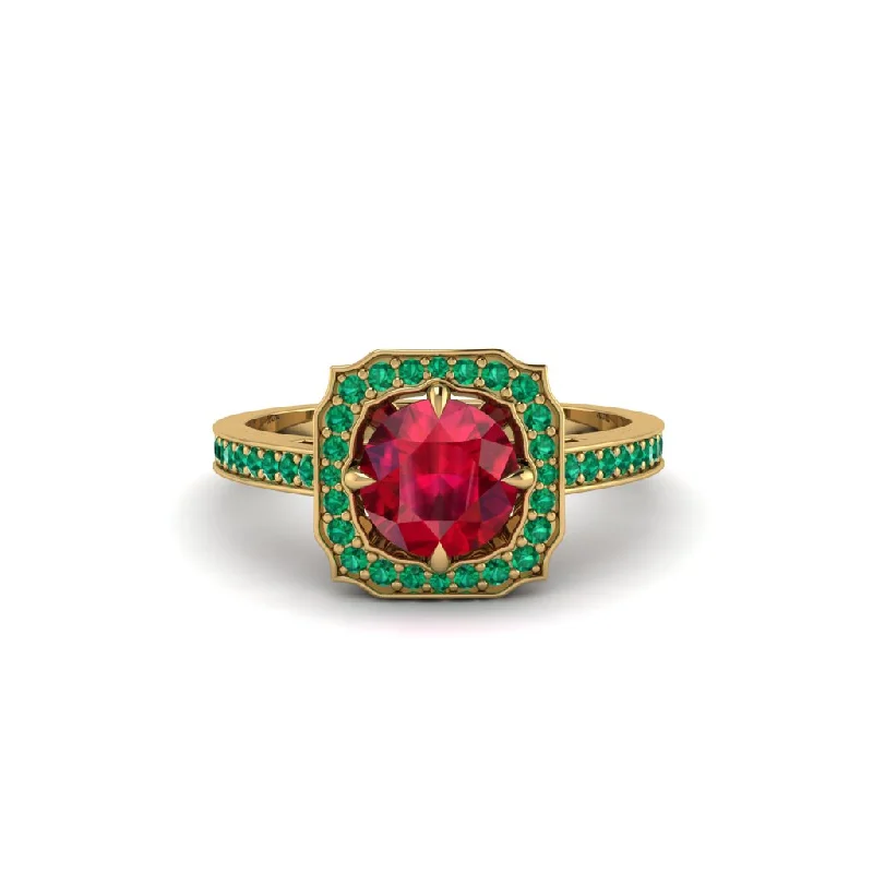 Simple Gold Ring with Engraved Date and Initials-Ruby Cathedral Halo Engagement Ring - Luciana No. 25