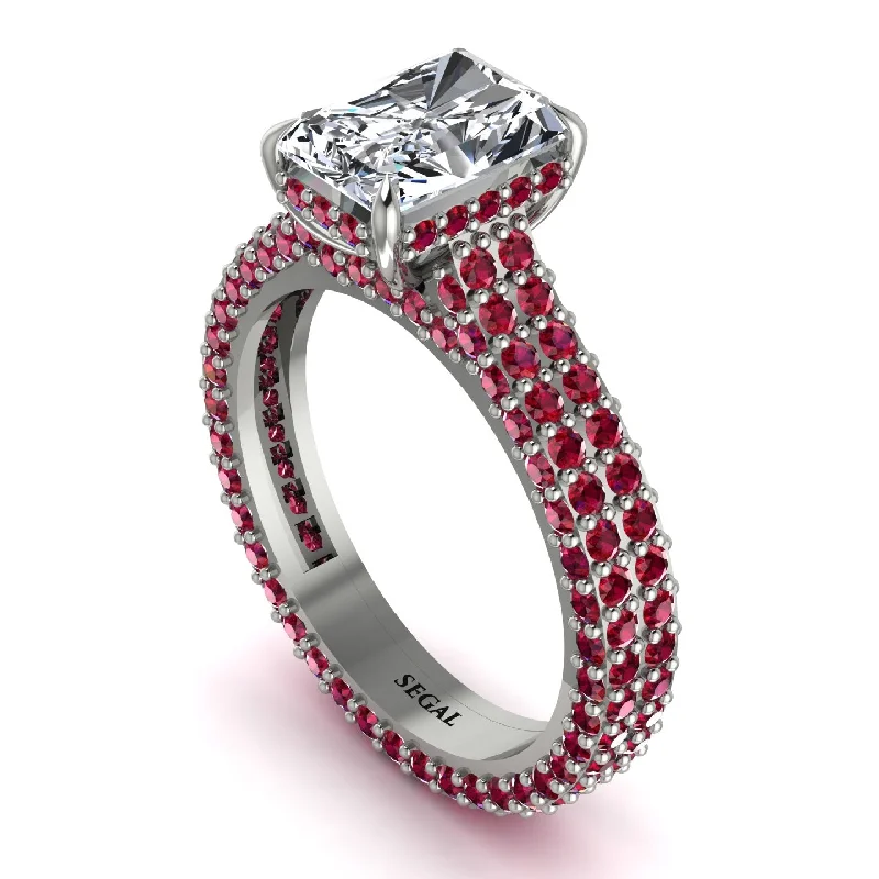 Custom Silver Engagement Ring with Ruby Accent-Radiant Cut Diamond Pave Engagement Ring - Kenzie No. 48