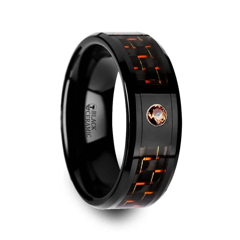 Customizable Platinum Ring for Engagement with Diamond-Thorsten HELSING Black Ceramic Ring Black Orange Carbon Fiber Padparadscha Sapphire Setting - 8mm