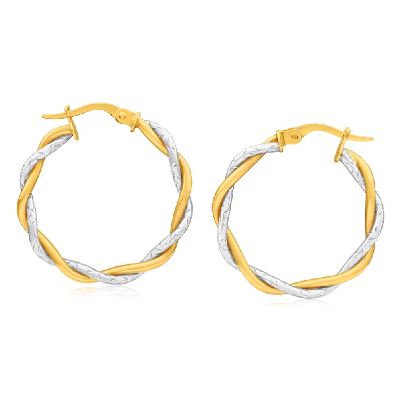 Fancy Wedding Earrings-9ct Yellow & White Gold Hoop Earrings twin tube twist