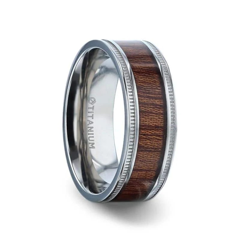 Unique Diamond Ring with Emerald Accents-Thorsten MOCHA Koa Wood Inlaid Titanium Men's Wedding Ring With Polished Milgrain Edges - 8mm