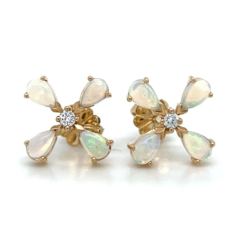 Dazzling Crystal Earrings for Brides-14k Yellow Gold Australian Opal & Diamond Earrings