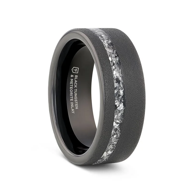 Personalized Couples’ Ring with Heart-shaped Stone-Thorsten ABYSS Sandblasted Black Tungsten Ring with Meteorite Fragments Inlay - 8mm