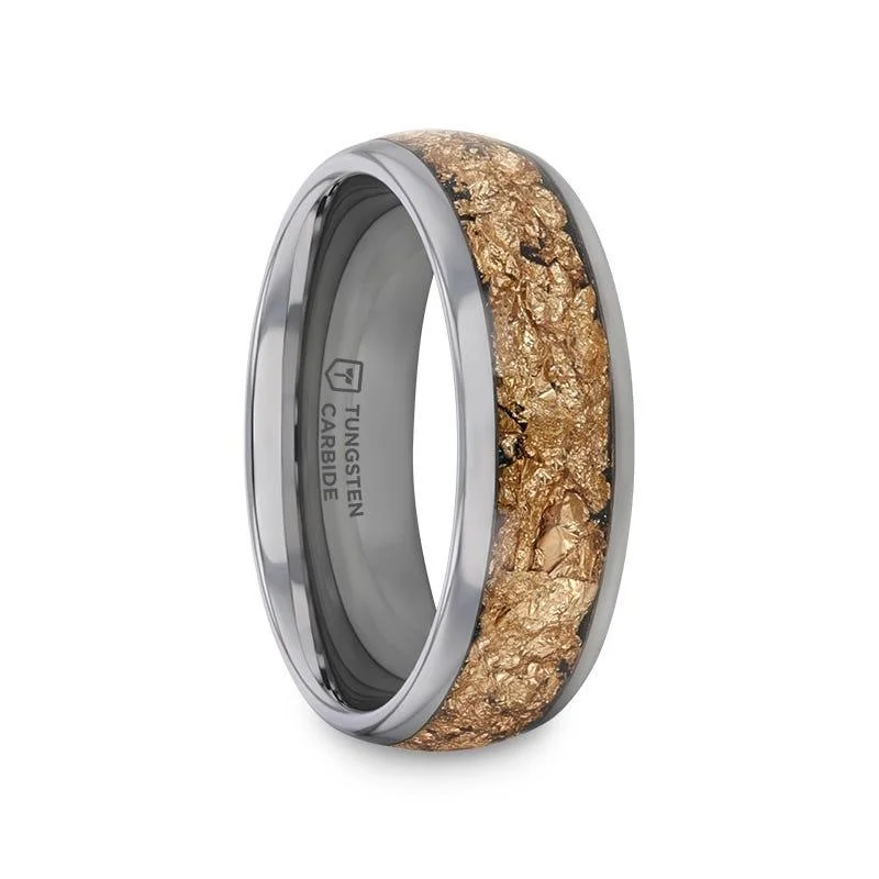 Trendy Band Ring with Gemstone for Everyday Use-Thorsten LUXE Tungsten Ring and Decorative Gold Flakes Inlay - 8mm