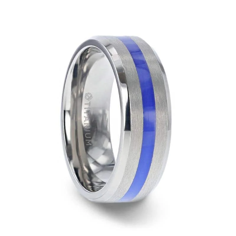 Custom Rose Gold Ring with Diamond Center Stone-Thorsten BARRY Blue Stripe Inlaid Titanium Flat Brushed Men's Wedding Ring With Beveled Polished Edges - 8mm