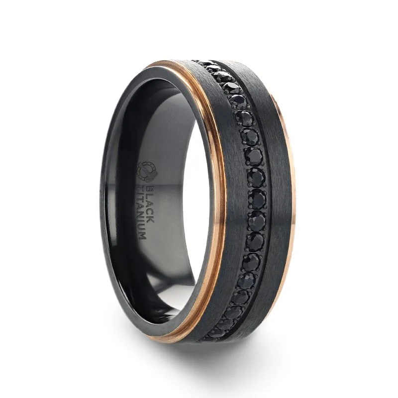 Trendy Silver Ring for Women with Custom Design-Thorsten ASTRO Flat Brushed Black Titanium Ring Rose Gold Edge and Black Sapphire