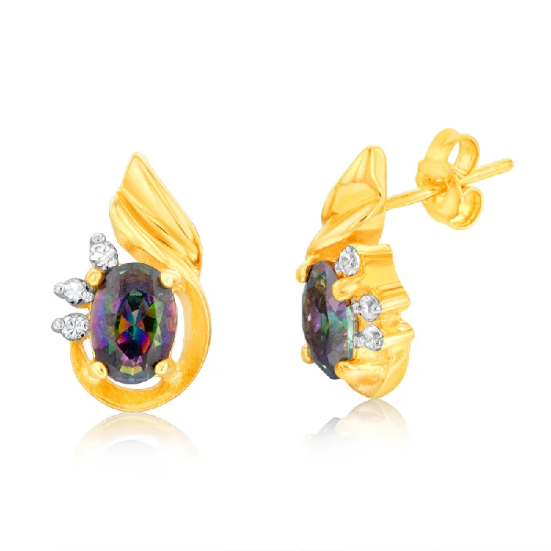 Custom Wedding Earrings-Sterling Silver Gold Plated Mystic Topaz & Zirconia Wing Shaped Stud Earrings