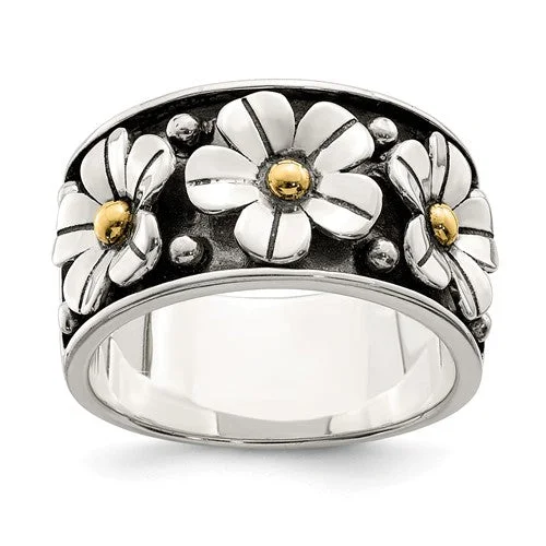 Custom Birthstone Ring for Anniversary-Sterling Silver Antiqued 14k Gold Centered Daisy Ring