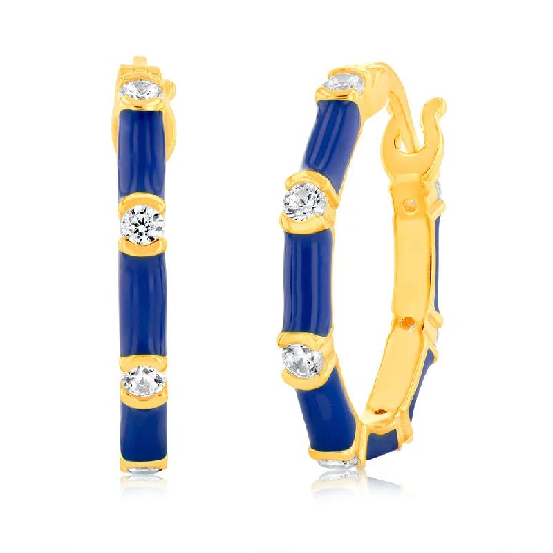 Lightweight Silver Earrings-Sterling Silver Gold Plated Blue Enamel And White Zirconia Hoop Earrings