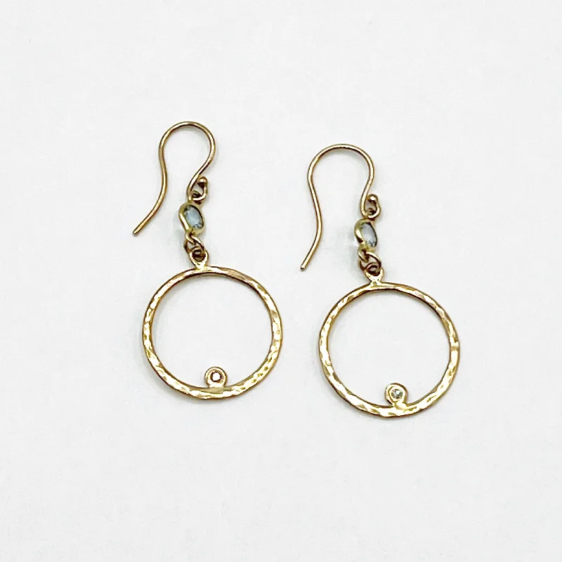 Unique Gold Earrings for Special Occasions-Hammered Gold Diamond and Aquamarine Round Earrings