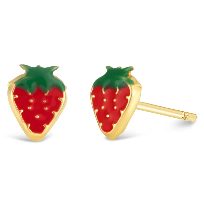 Custom Birthstone Earrings for Moms-9ct Yellow Gold Strawberry Enamel Stud Earrings