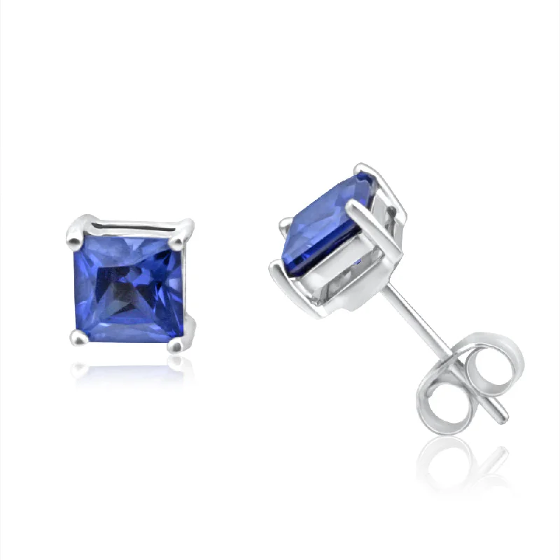 Lightweight Silver Earrings-9ct White Gold Created Sapphire Princess Cut 5mm Stud Earrings