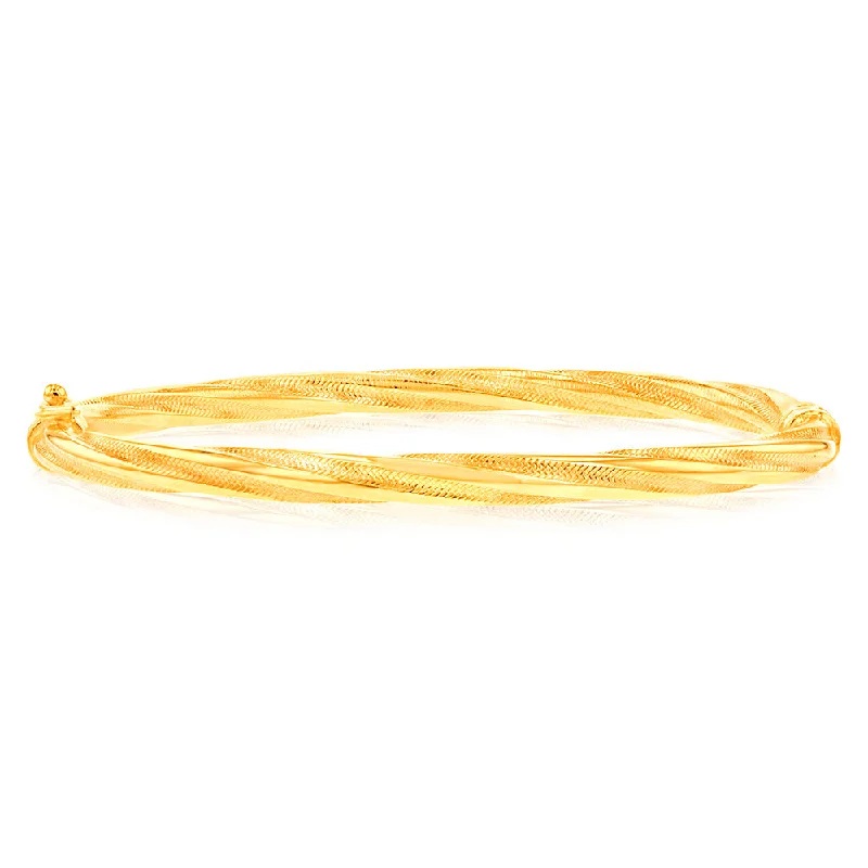 Trendy Rose Gold Bangles with Crystal Details-9ct Yellow Gold Twisted Tube Hinged Bangle