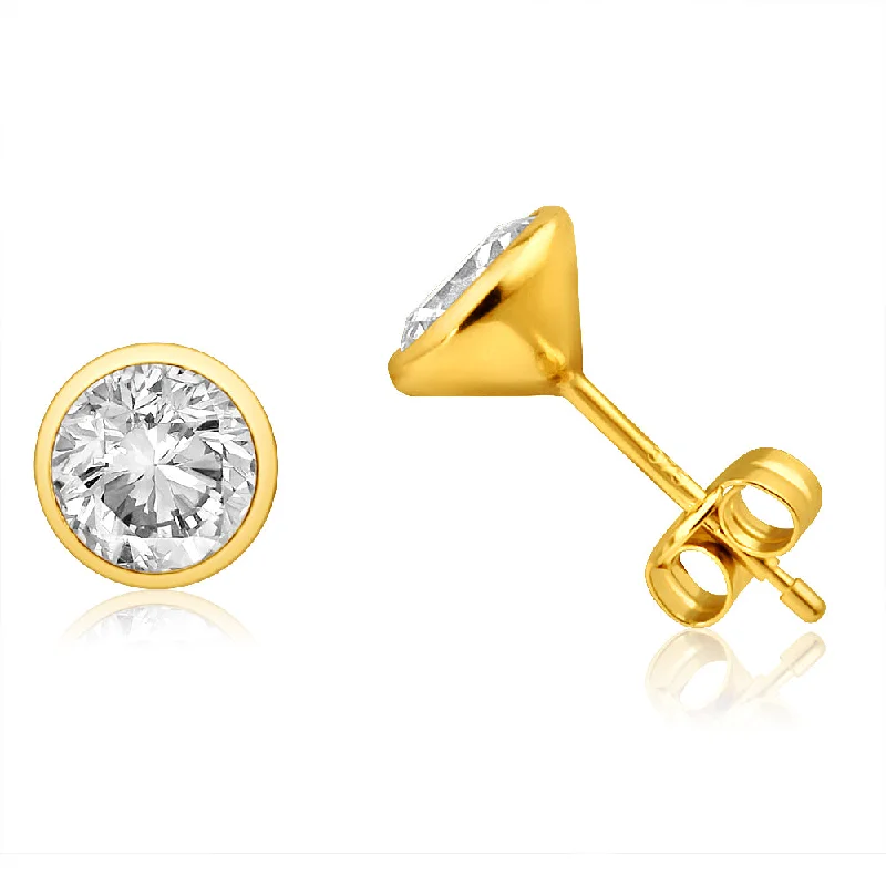 Geometric Silver Earrings-9ct Yellow Gold Bezel Set 6mm Cubic Zirconia Stud Earrings