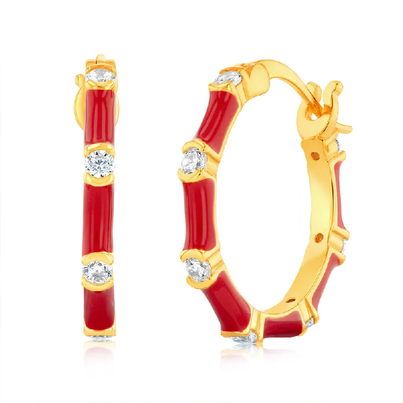 Classic Silver Drop Earrings-Sterling Silver Gold Plated Red Enamel And Zirconia Hoop Earrings