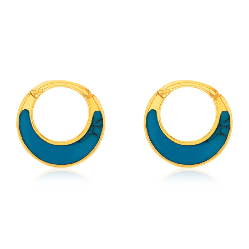 Large Hoop Earrings for Parties-Sterling Silver Gold Plated Fancy Natural Turquoise Hoop Earrings