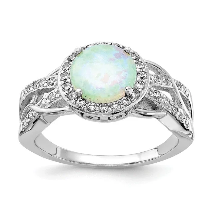 Classic Platinum Wedding Band with Diamond Accent-Cheryl M Sterling Silver Round White Opal Halo Ring