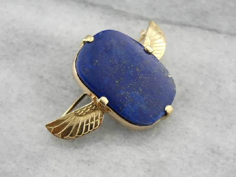 Brooch With Elegant Patterns-Vintage Egyptian Revival Lapis Brooch with Wing Details