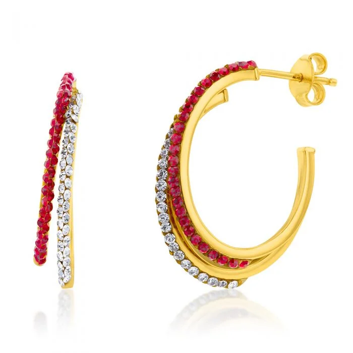 Custom Diamond Stud Earrings-9ct Yellow Gold Silverfilled Crystal And Red Double Half Hoop Earrings