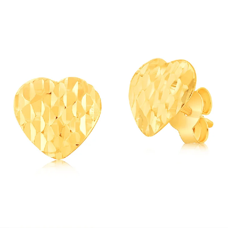 Simple Crystal Earrings for Work-9ct Yellow Gold Textured Heart Stud Earrings