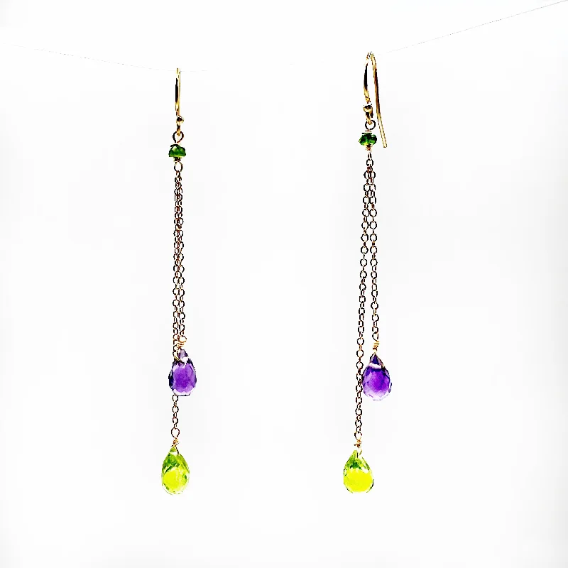 Colorful Acrylic Earrings for Teens-Amethyst & Peridot Briolettes on Gold Chain