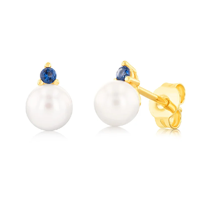 Bright Gemstone Earrings for Summer-9ct Yellow Gold Sapphire Blue Zirconia And Fresh Water Pearl Stud Earrings