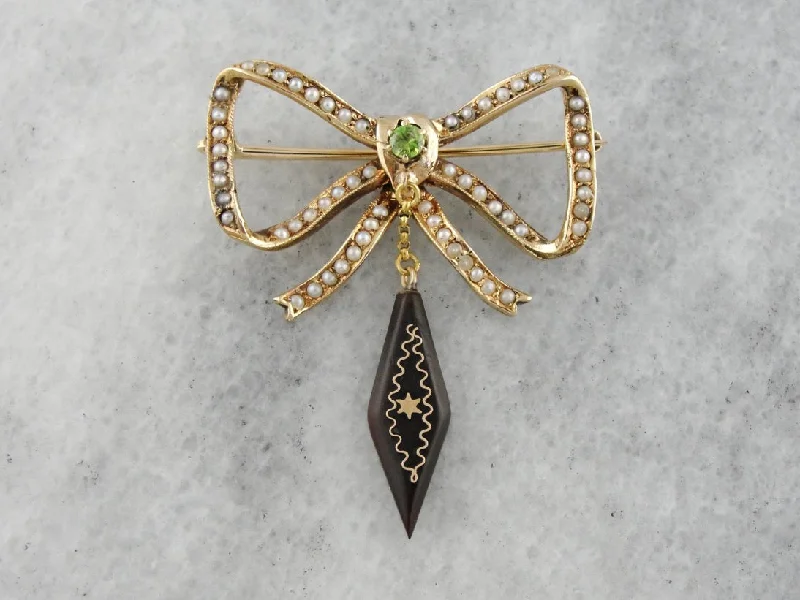 Gold Brooch For Evening Wear-Victorian Bow Brooch with Seed Pearls, Demantoid Garnet and Jet Tassel Pin