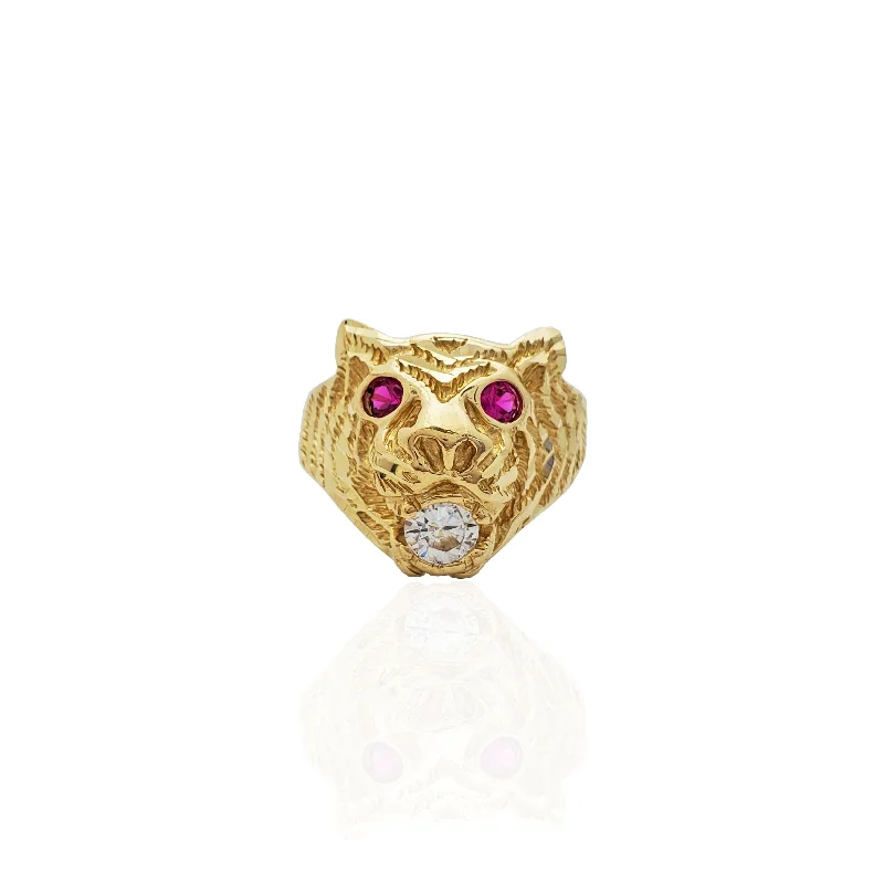 Simple Diamond Engagement Ring with Split Shank-Yellow Gold Baby Tiger Head CZ Ring (10K)