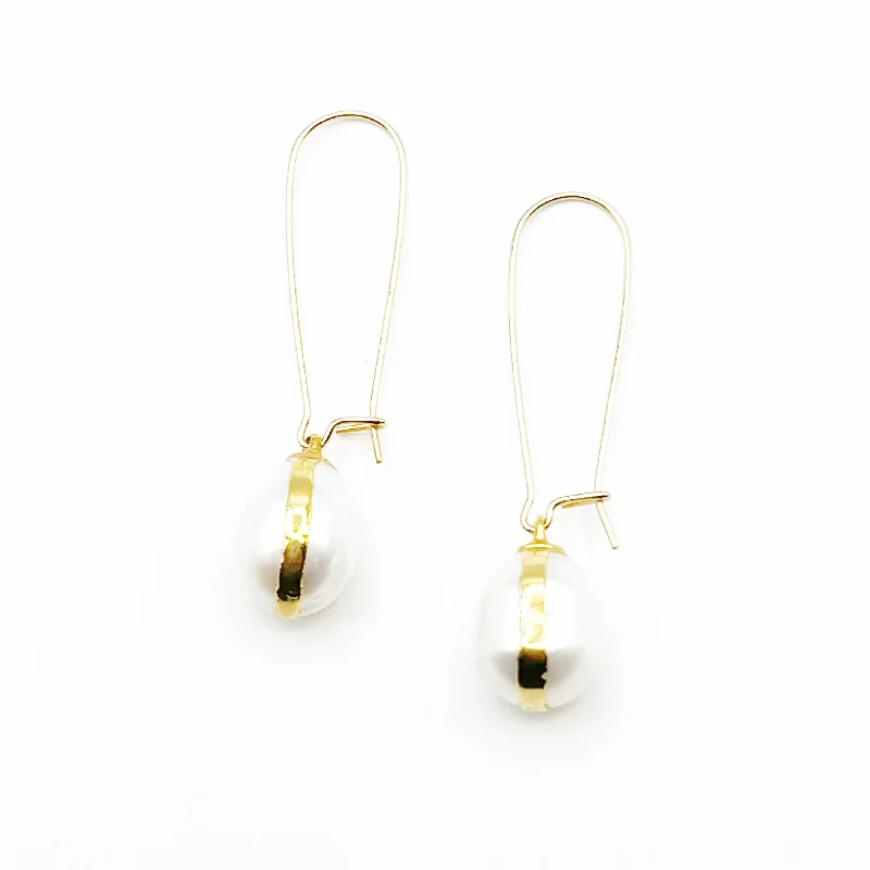 Bold Gold Earrings for Parties-White Pearl Drops Wrapped in Gold Earrings