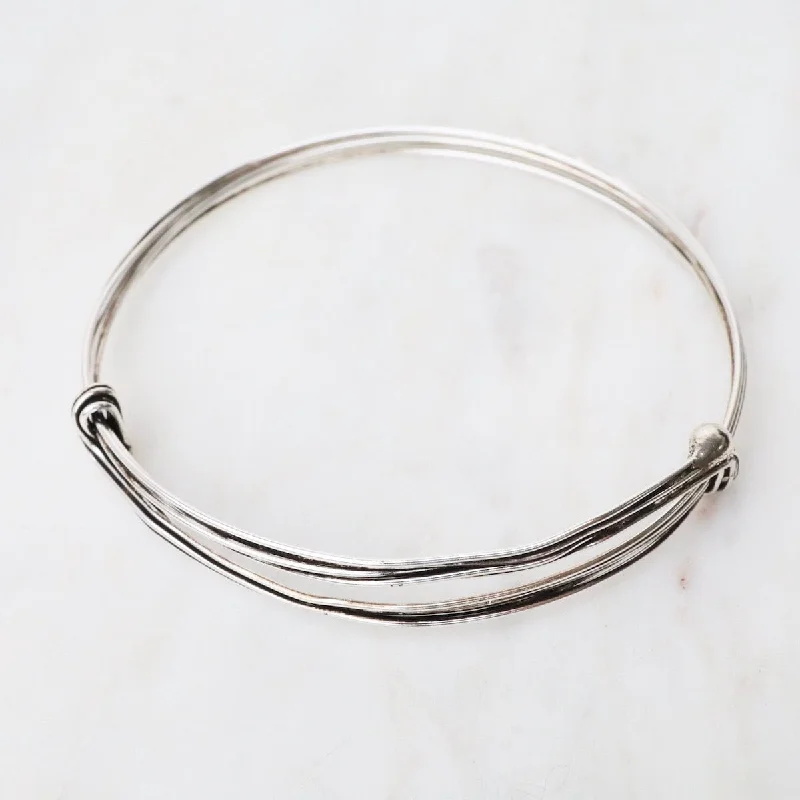 Classic Silver Bangles with Crystal Inlays-Elephant Hair Inspired Bangle - Oxidized Sterling Silver - 5 Lines