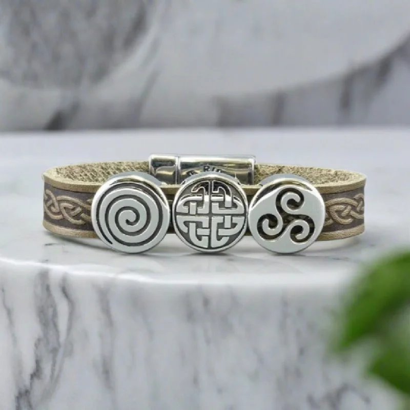 Personalized Gold Bracelet with Engraved Date-Celtic Leather Green Aoife Cuff Bracelet